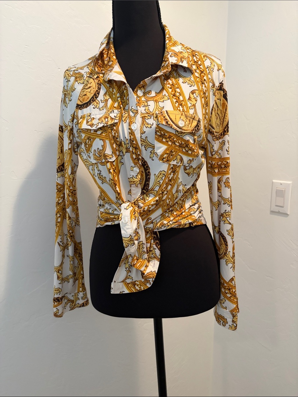 Women's White Button-Down Blouse with Gold Baroque Print